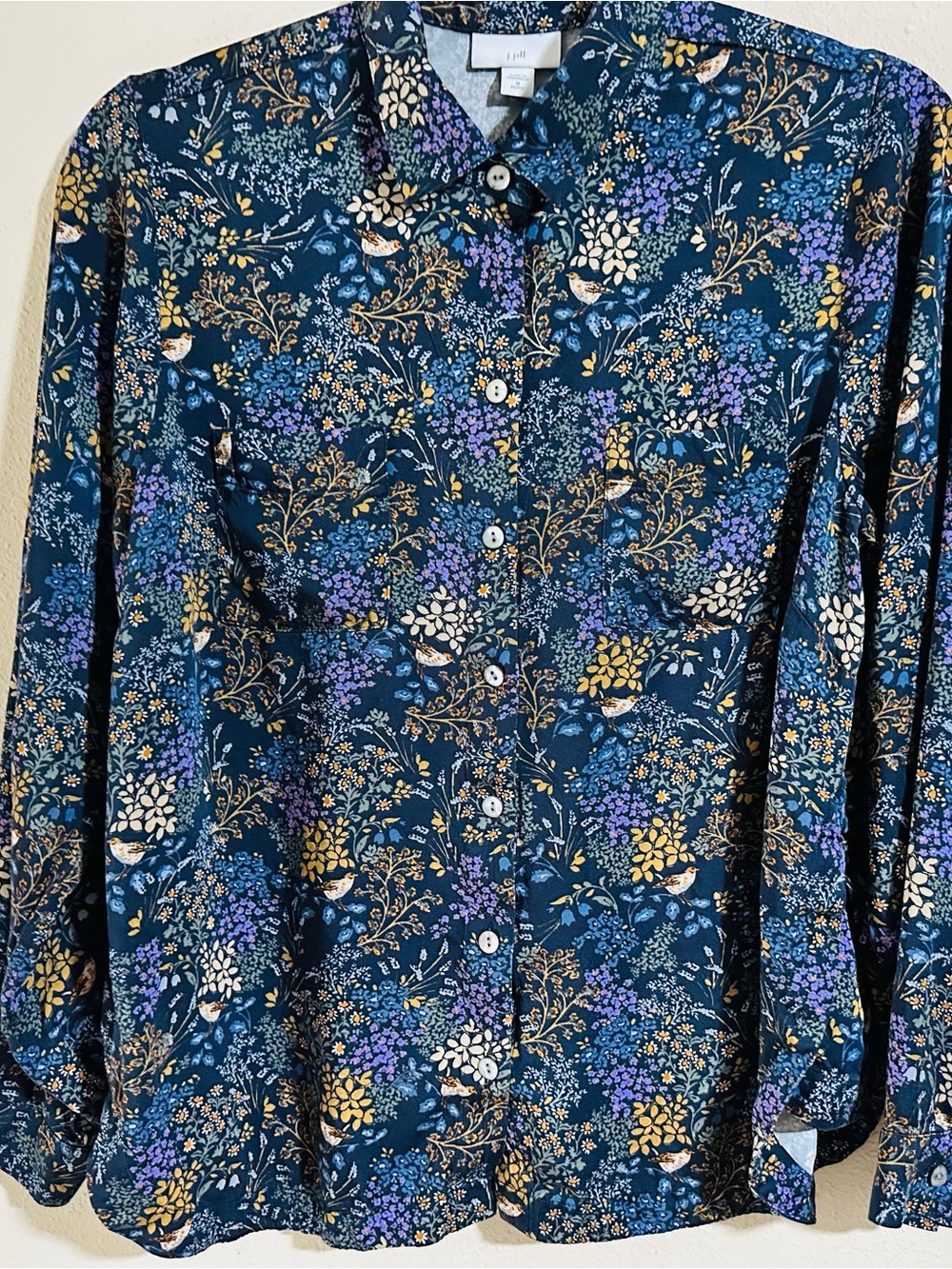 J. Jill Navy Floral Button-Front Top with Gold & Lavender Motifs